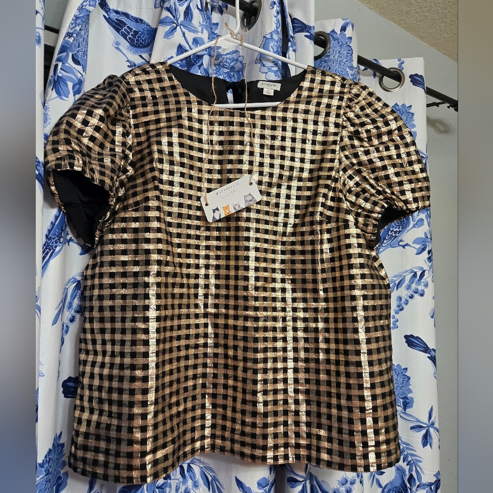 J Crew Factory gold foil gingham top Large